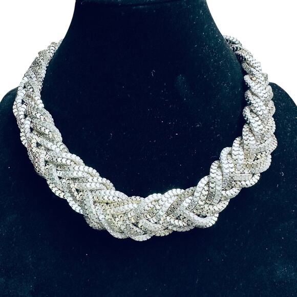 Bold Silver Tone Braided Box Chain Necklace - 18 Inches with Adjustable Fit - Picture 2 of 4